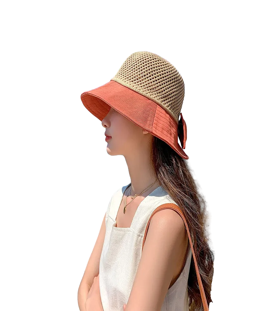 Women Wide Brim Hat Hollow Breathable Summer Bucket Hat Bow Lady’s Foldable Beach Sun Hat for Travel Mesh