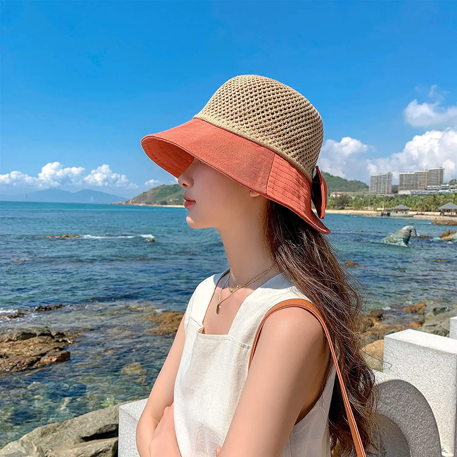 Women Wide Brim Hat Hollow Breathable Summer Bucket Hat Bow Lady’s Foldable Beach Sun Hat for Travel Mesh