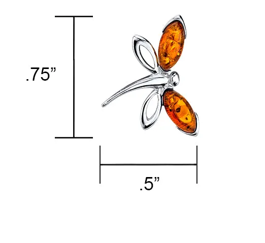 Women's Sterling Silver 925 Cognac Baltic Amber Dragon Fly Earrings